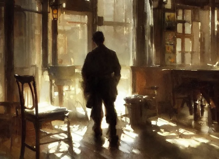 Image similar to oil watercolor painting of young guy in western bar, mysterious light, art by anders zorn, wonderful masterpiece by greg rutkowski, beautiful cinematic light, american romanticism by greg manchess, creation by tyler edlin