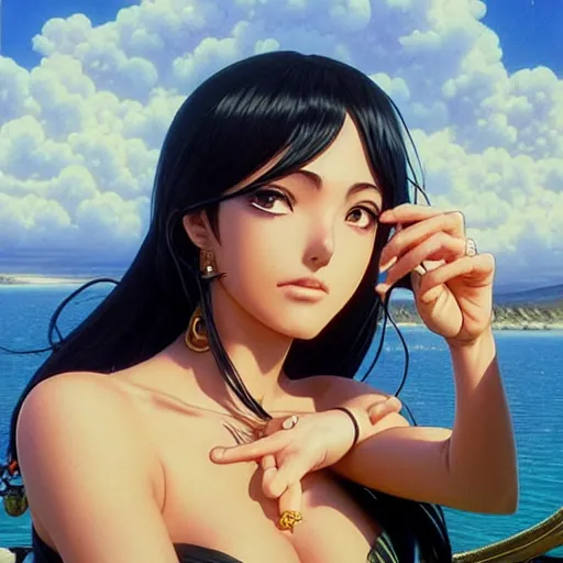 Image similar to highly detailed vfx portrait of nico robin by eiichiro oda!!!, stephen bliss, greg rutkowski, loish, rhads, beeple, makoto shinkai, tom bagshaw, alphonse mucha, sharp focus, art by artgerm and greg rutkowski, stanley kubrick, backlit, harsh overhead sunlight, detailed blue eyes!!,