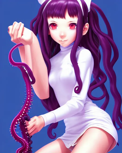 Prompt: a pretty teenage girl as a cute prep highschool student tired eyes is happy to be embraced by a tentacle demon. 8k resolution. high contrast. masterfully illustrated by Artgerm and Mina Petrovic and Range Murata.