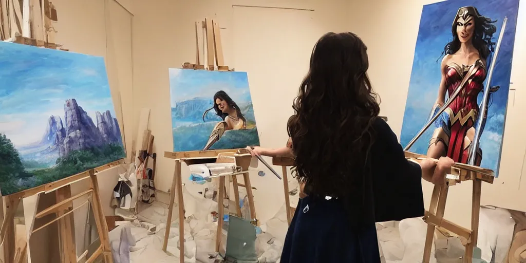 Prompt: gal gadot, stands at a her easel, dressed as wonder woman, paints beautiful landscape art, soft focus, long exposure