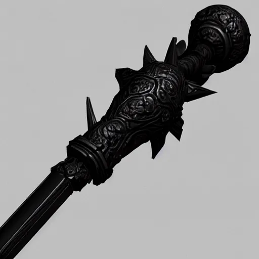 Image similar to a black sword skull handle, ornament, weapon, a 3 d render by dom qwek, studio lighting, front side view, trending on polycount, hard surface modeling, rendered in maya, 3 ds max, blender, artstation hd, vray