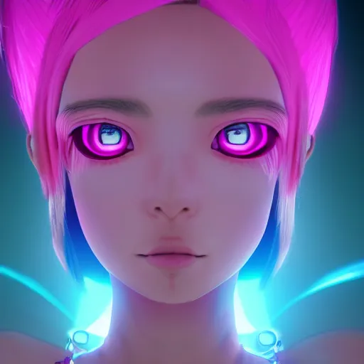 Image similar to extremely bright symmetrical image, taken from an extremely low angle at her feet, stunningly beautiful omnipotent anime goddess with pink hair and mesmerizing cyan eyes, unreal engine 5, 8 k