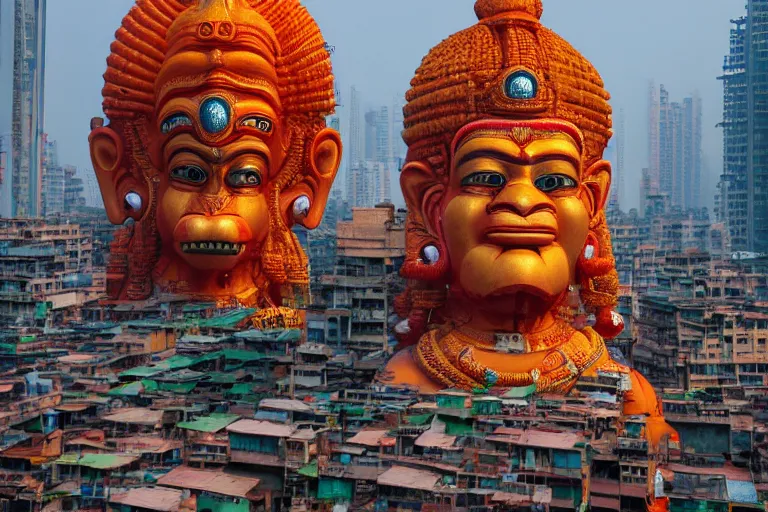 Image similar to high quality 3 d cyberpunk biomorphic hanuman head building in the middle of mumbai!!, kalighat highly detailed, cinematic smooth, stephen shore & john j. park, soft morning light, wide shot, high angle, uhd 8 k, deep focus