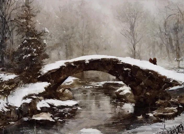 Image similar to watercolor of rustic stone bridge winter landscape, glistering, high detailed art by dennis miller bunker, work by anders zorn, wonderful masterpiece by greg rutkowski, beautiful cinematic light, american romanticism by greg manchess, creation by tyler edlin