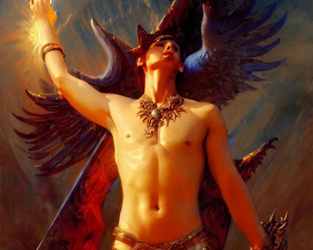 Image similar to attractive pagan male deity, summoning handsome lucifer morning star. highly detailed painting by gaston bussiere, craig mullins, j. c. leyendecker 8 k