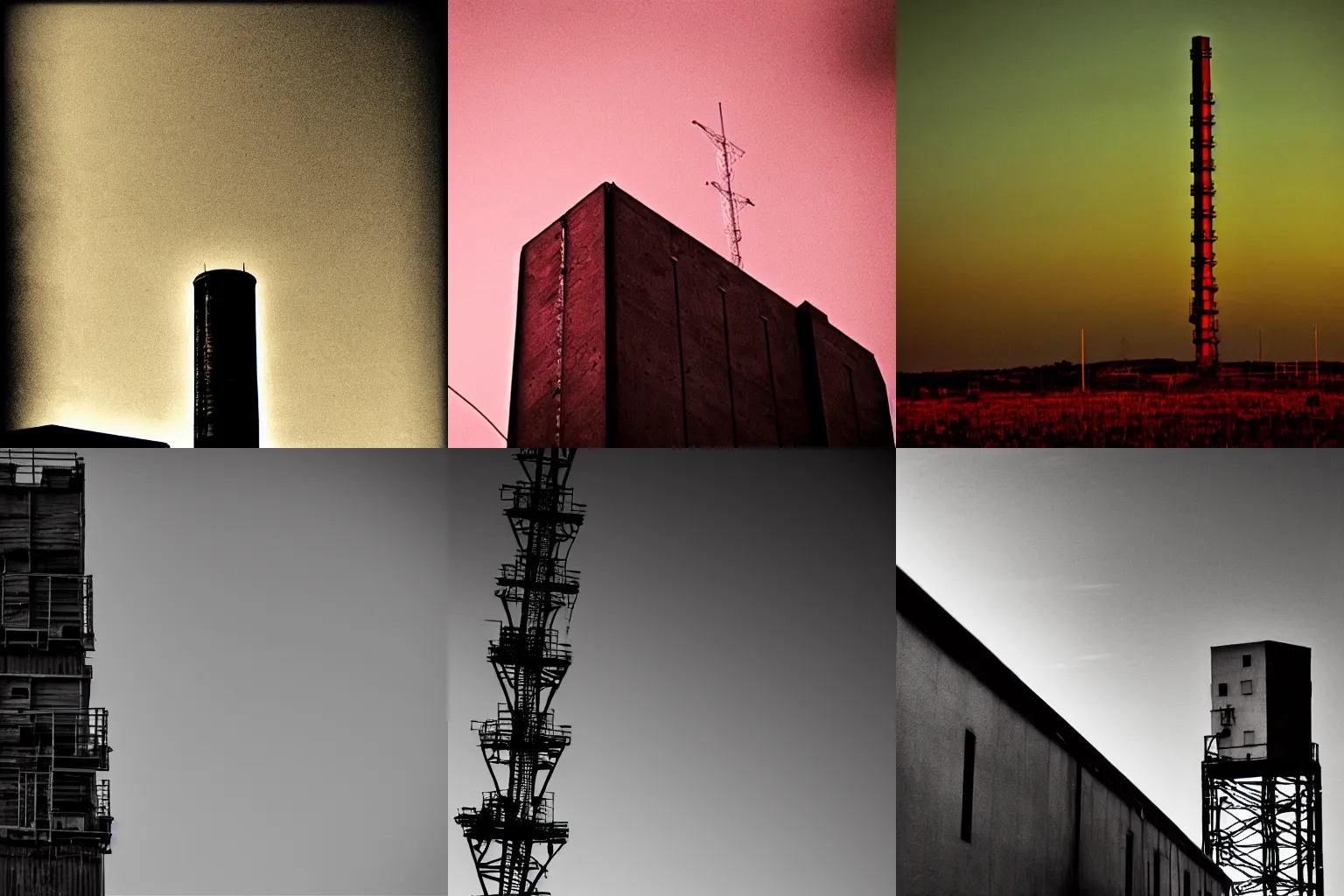 Prompt: an industrial looking tower, below a red sky. film noir, high contrast, apocalyptic.