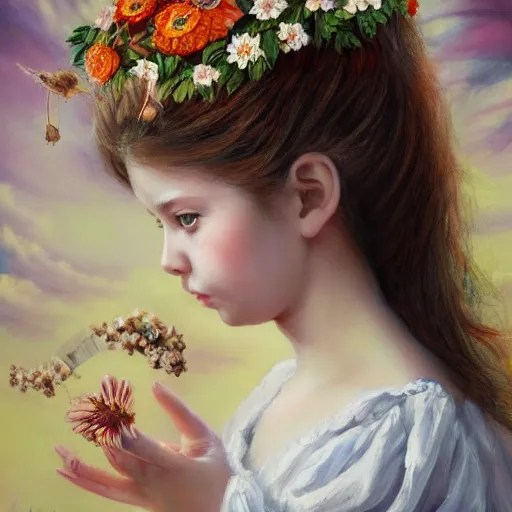 Prompt: a young girl portrait with porcelain face and hazelnut big eyes, two ponytails flying in the wind head, dressed in a vintage dress, blooming flowers in her head, conceptual art, oil mystic fantasy painting, hyperdetailed, dramatic light, 8 k