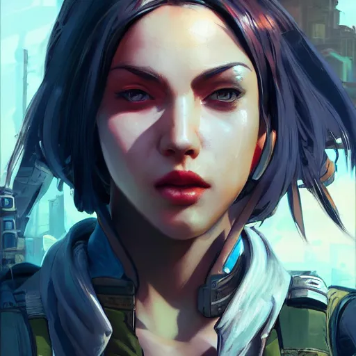 Image similar to concept art character, very high angle view, book cover, very attractive woman with full lips, walking in cyberpunk valley highly realistic, fine details, Anime, realistic shaded lighting by Ilya , WLOP Jeremy Lipkin and Giuseppe Dangelico Pino, Borderlands 3 style, book cover, extremely fine inking lines