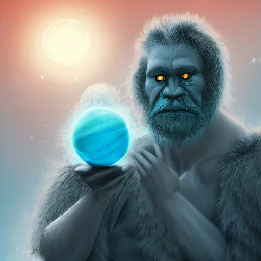 Image similar to Digital art portrait of a half-orc druid, wearing a long grey fur robe and holding a sphere of magical blue water 4k