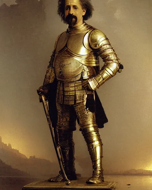 Image similar to brilliant knight : albert einstein is dressed in ornate, detailed, intricate golden armor and surrounded by detailed, complex mathematical equations, detailed oil painting by william adolphe bouguereau