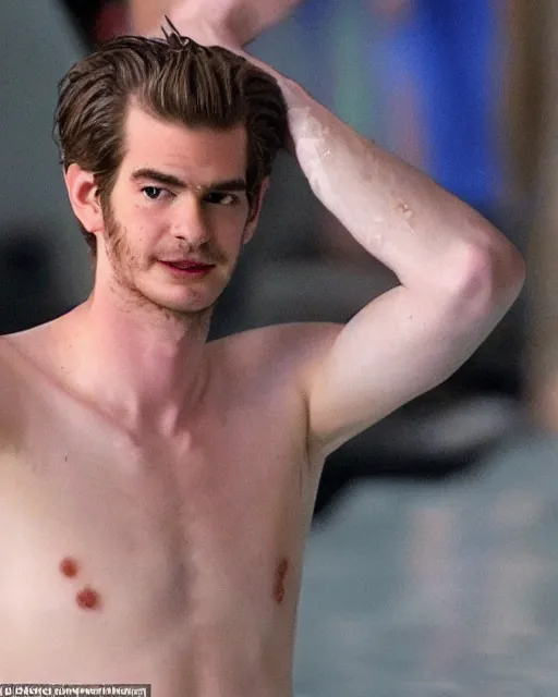 Prompt: a cursed image of andrew garfield seen from a distance in a dark, empty swimming pool with water slides, really scary, looking this way.