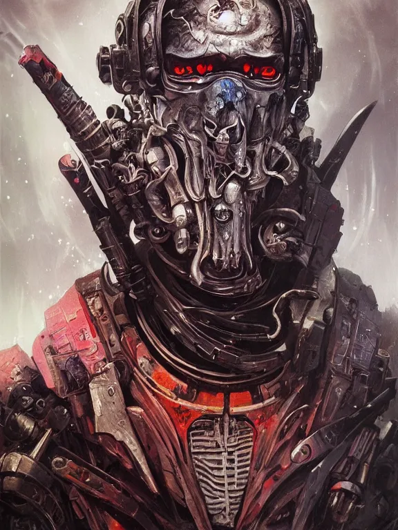 Image similar to art portrait of an undead space marine ,8k,by tristan eaton,Stanley Artgermm,Tom Bagshaw,Greg Rutkowski,Carne Griffiths, Ayami Kojima, Beksinski, Giger,trending on DeviantArt,face enhance,hyper detailed,minimalist,cybernetic, android, blade runner,full of colour,