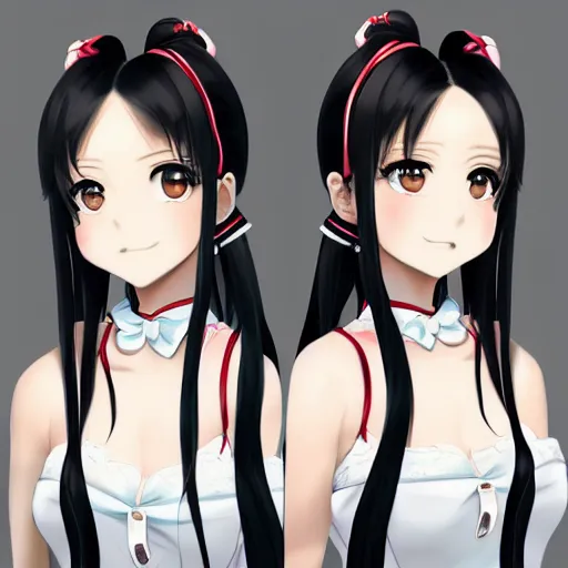 Image similar to luxury advertisement, astonishing portrait of a very beautiful anime high-school girl with black hair twintails, white ribbon, full perfect face, realistic, highly detailed background, artstation, 120 degree view, drawn by Sasoura, Satchely and Akihiko Yoshida, no distortion