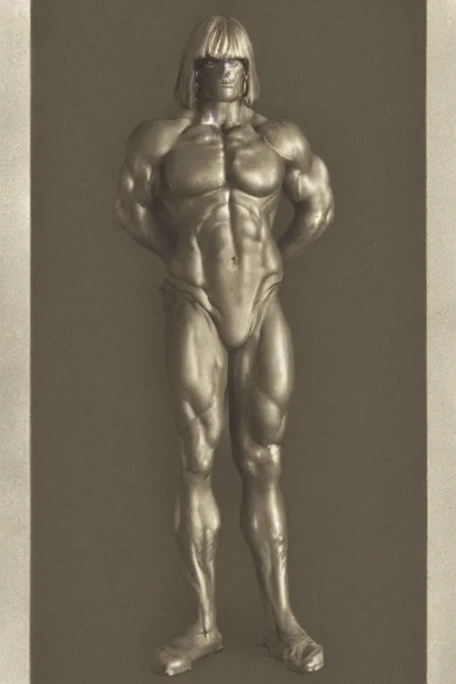Prompt: he - man, portrait, full body, symmetrical features, silver iodide, 1 8 8 0 photograph, sepia tone, aged paper, master prime lenses, cinematic