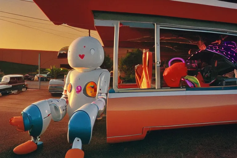 Image similar to robot clown relaxing at a california drive in, in 1 9 7 2, cutecore clowncore, bathed in the the glow of the sunset, low - light photograph, in style of tyler mitchell