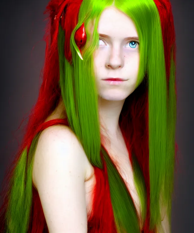 Prompt: Fae teenage girl, portrait, face, long red hair, green highlights