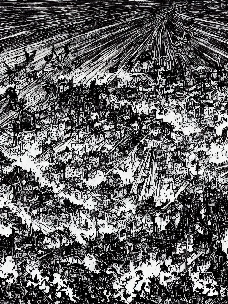 Image similar to field on fire, demons attacking humans, destroyed town in background, black and white, manga