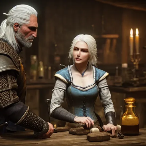 Image similar to geralt of rivia teaching ciri how to make potions in an alchemy lab, stunning 3 d render, perfect facial symmetry, flesh texture, realistic, highly detailed attributes and atmosphere, dim volumetric cinematic lighting, 8 k octane detailed render, post - processing, masterpiece, rtx on, rendering on unreal engine