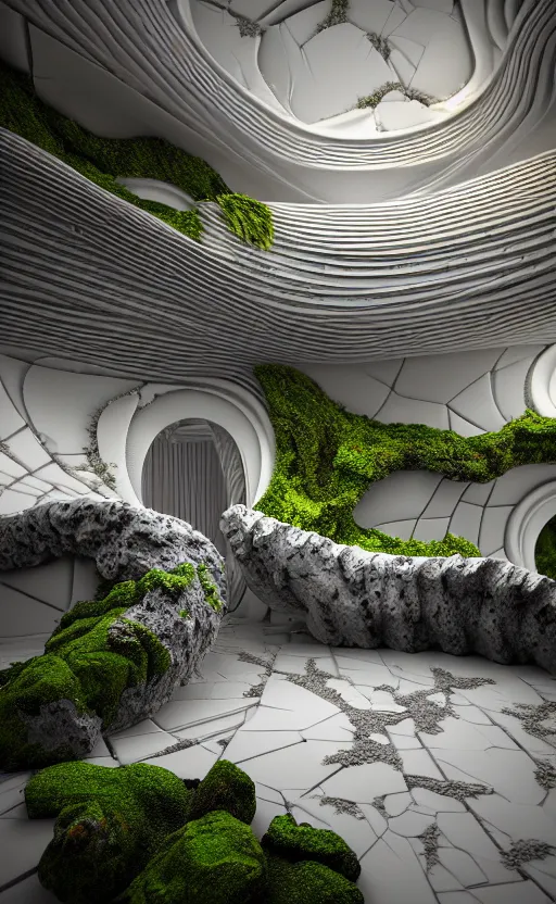 Image similar to highly detailed ultra sharp 3 d render villa interior cinematic composition of a smooth ceramic porcelain biomorphic magnolia stone nebula fluid fractal sci - fi surreal architecture landscape, granite, metallic, magnesium, marble, moss and lichen, vincent callebaut composition, mamou - mani, archviz, beautiful lighting, 8 k, unreal engine, hdr,