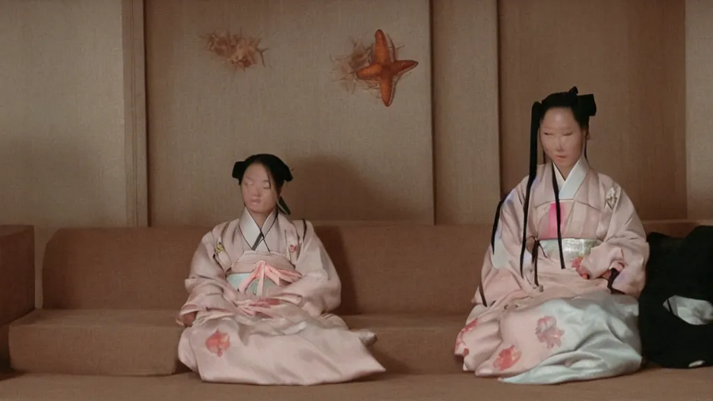 Image similar to woman in hanbok sitting on a couch, starfish monster's shadow is seen behind her, korean interior, cinematography by denis villeneuve and akira kurosawa and ishiro honda