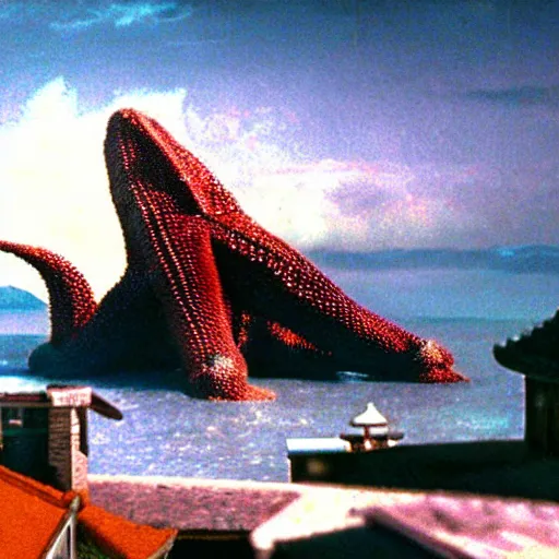 Prompt: a giant Kaiju Starfish Monster over a traditional Korean village, minimal cinematography by Akira Kurosawa, hyperrealistic movie filmstill, film noir, thriller produced by Kim Jong-il