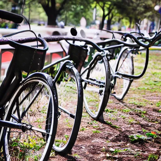 Image similar to cats stealing bycicles in a park in the afternoon, dslr photo