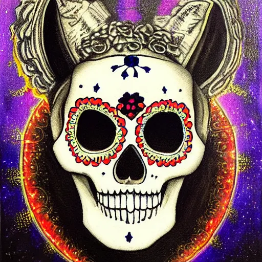 Image similar to a realistic portrait of dia de los muertos fox skull character, themed on the stars and moon, painting by jeff easley, stylized, black light, neon, black velvet, bowling alley carpet, dnd beyond