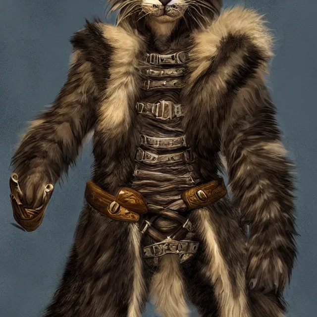 Image similar to khajit tabaxi catfolk humanoid adventurer with maine coon features and black fur holding two shortswords cloaked in shadow and wearing leather armor, dungeons and dragons, pure white background, fantasy, tarot card style, half body portrait, high detail, hyper realistic