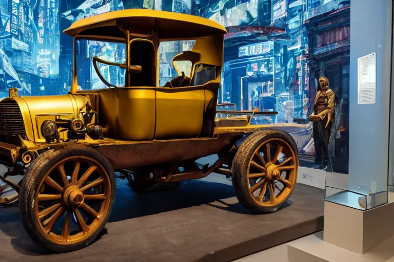 Image similar to cyberpunk 1 9 0 8 model ford t, volumetric lighting, in a museum, museum exhibit, museum lighting, 9 0 s film photo