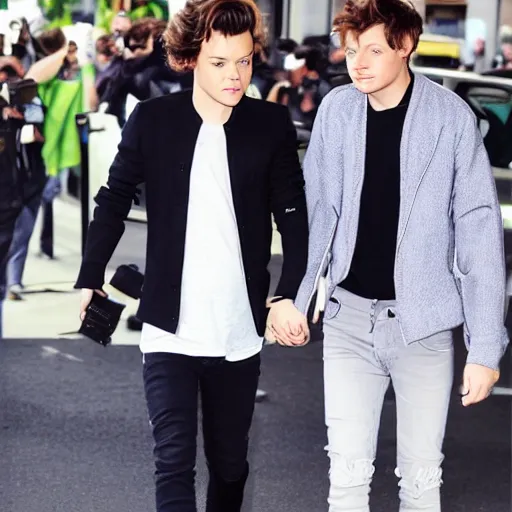 Prompt: Harry Styles holding Louis Tomlinson's hand