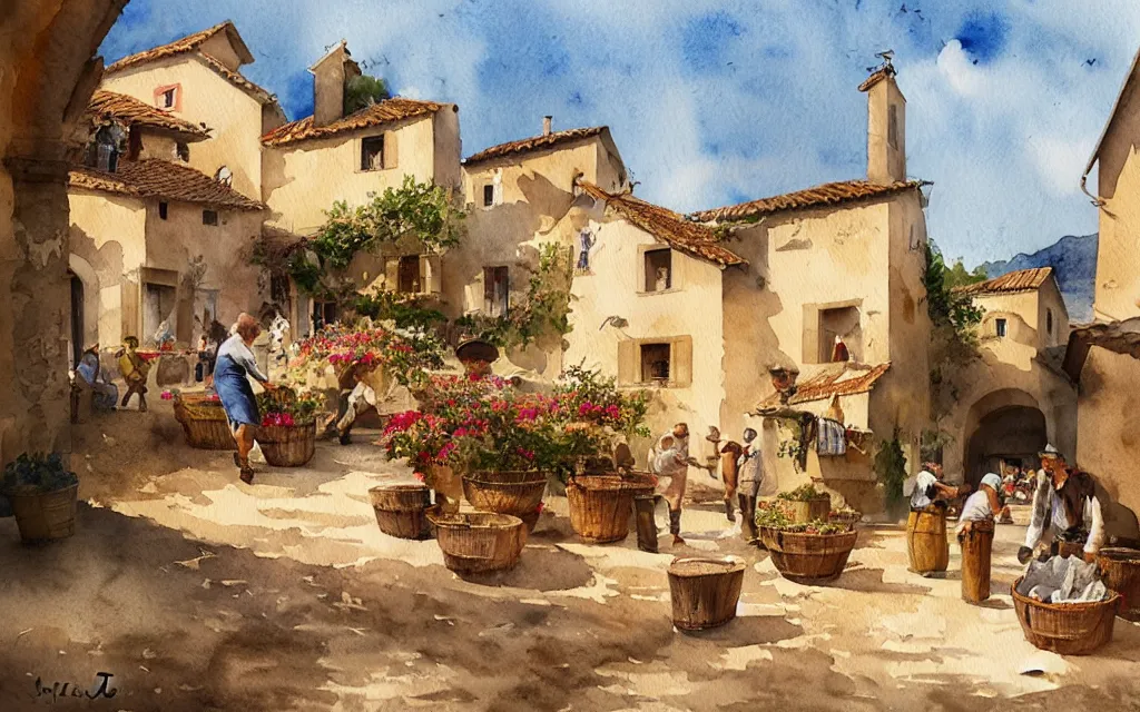 Image similar to beautiful watercolor painting by joseph zbukvic and alvaro castagnet, depicting a wine harvesting on a sunny day in a little italian village