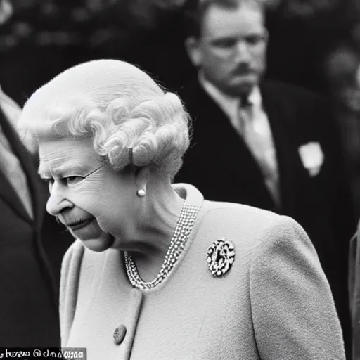 Prompt: queen Elizabeth brought prostrate before the international court at the Hague pleading for mercy h- 512 w- 512