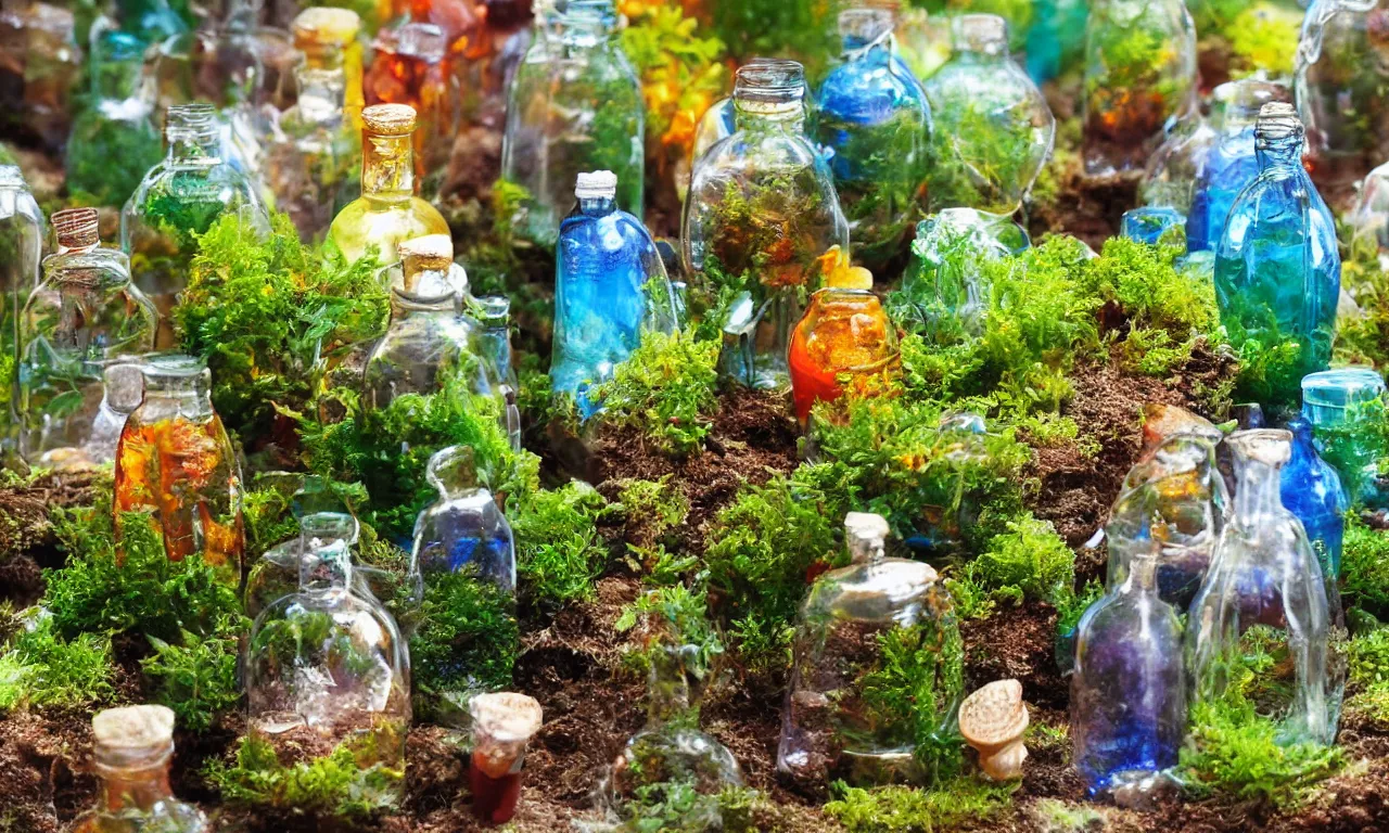 Prompt: terrarium worlds in mccartney bottles 8 k /