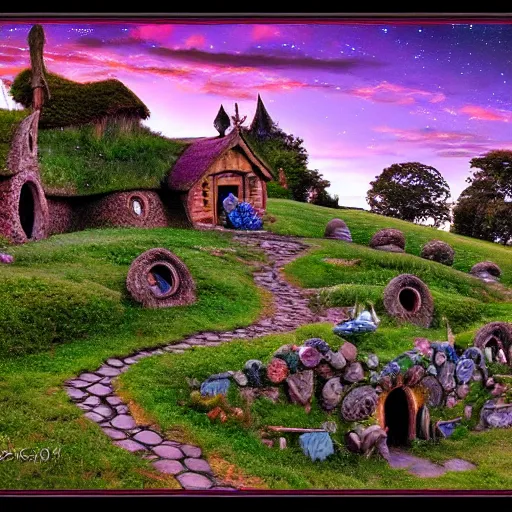 Image similar to hobbiton landscape with huge jewels all around, fantasy, rock, high detail