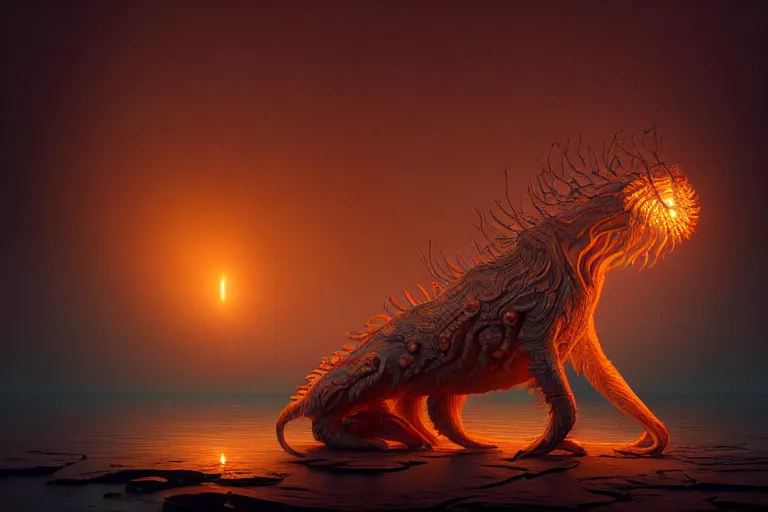 Image similar to creature in a alaska, backlit, warm tones, bioluminescent bioluminescent translucent translucent : : by michal karcz, daniel merriam, victo ngai and guillermo del toro : : ornate, dynamic, particulate, intricate, elegant, highly detailed, centered, artstation, smooth, sharp focus, octane render, 3 d