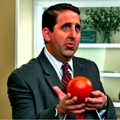 Image similar to Michael Scott throwing tomatoes in the Office