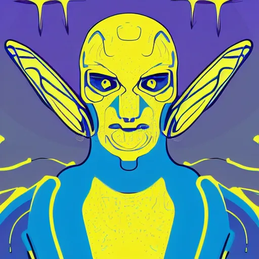 Image similar to human man that resembles a wasp morh in surreal sketch style, blue and yellow gradient, noise, ultrafine detail, hd 8k, logo illustration