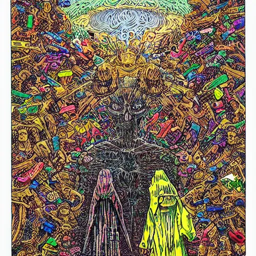 Prompt: crayon art by geof darrow tumultuous. in the center of the photograph is a large gateway that seems to lead into abyss of darkness. on either side of the gateway are two figures, one a demon - like creature, the other a skeletal figure.