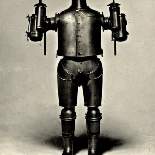 Image similar to a photograph from 1890 of mech suit made out of a cast iron potbelly stove