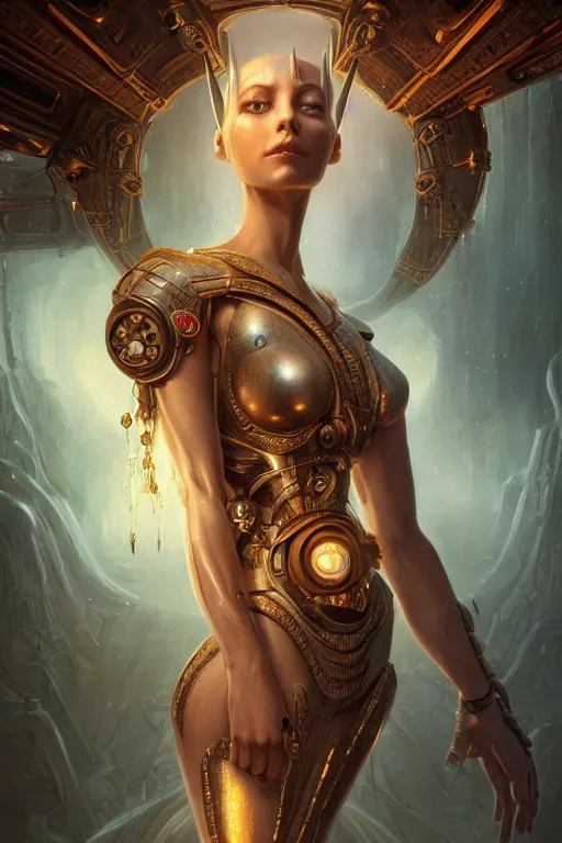 Image similar to portrait of a beautiful female hybrid cyborg atlantean anubis hada elsa jean alien warrior, regal, realistic, refined, detailed, digital art, jessica rossier, michael cheval, esao andrews, steampunk, walt disney ( 1 9 3 7 ), francois boucher, oil painting, highly detailed, cinematic lighting, unreal natural tpose