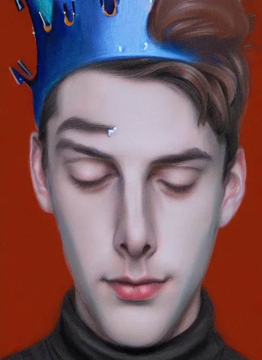 Image similar to portrait of teenage jughead jones wearing a light grey crown, crown, blue turtleneck, 1 9 5 0 s, closed eyes, photorealistic, black hair, glowing lighting, intricate, elegant, glowing lights, highly detailed, digital painting, artstation, concept art, smooth, sharp focus, illustration, art by wlop, mars ravelo and greg rutkowski