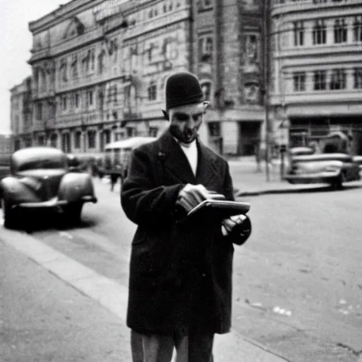 Prompt: man texting on his mobile phone while walking on the street, old 1940s photo, black and white, 60mm