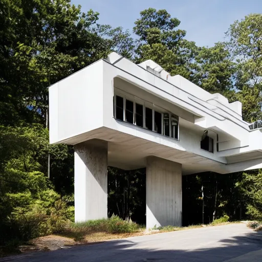 Image similar to second story elevated white brutalist home perched atop 2 equidistant separated large piers, double cantilevered design, large windows, elegant, white stone, proportion, golden ratio, epic composition, steel window mullions, cars parked underneath