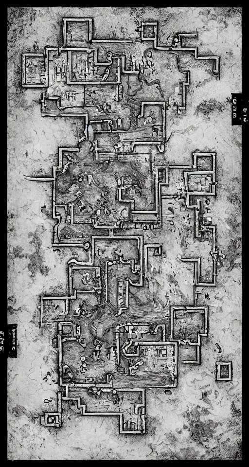 Image similar to a black and white dungeon map. d & d battlemap. small dungeon. a few large rooms. clean design. high definition etching