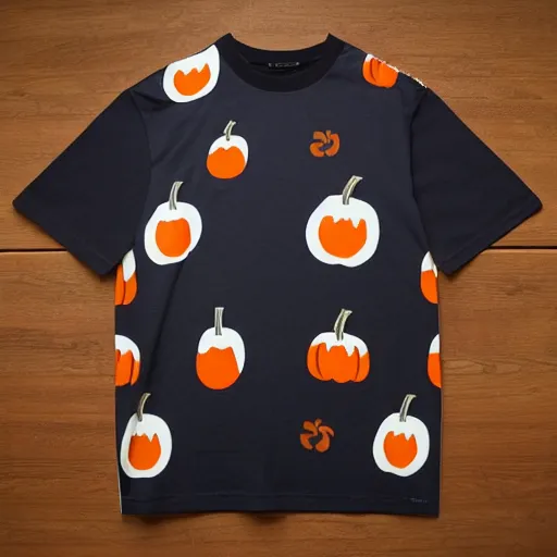 Prompt: marimekko japanese tsutsugaki men's t - shirt design pumpkin