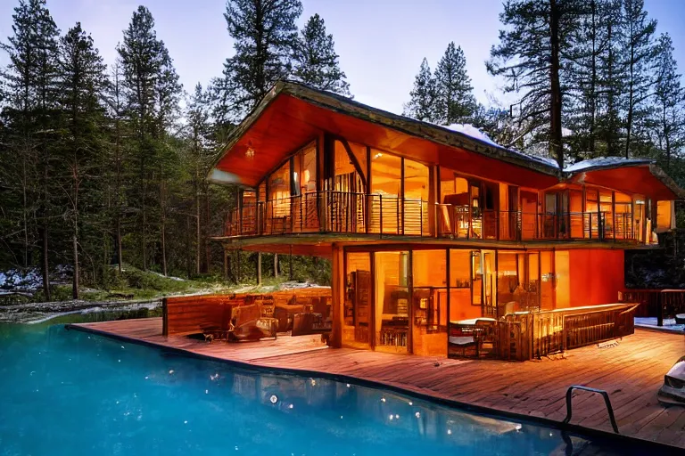 Prompt: modern cabin with pool, mountain background, forest, clear sky, night, cinematic lighting, photorealistic, high resolution, high detailed