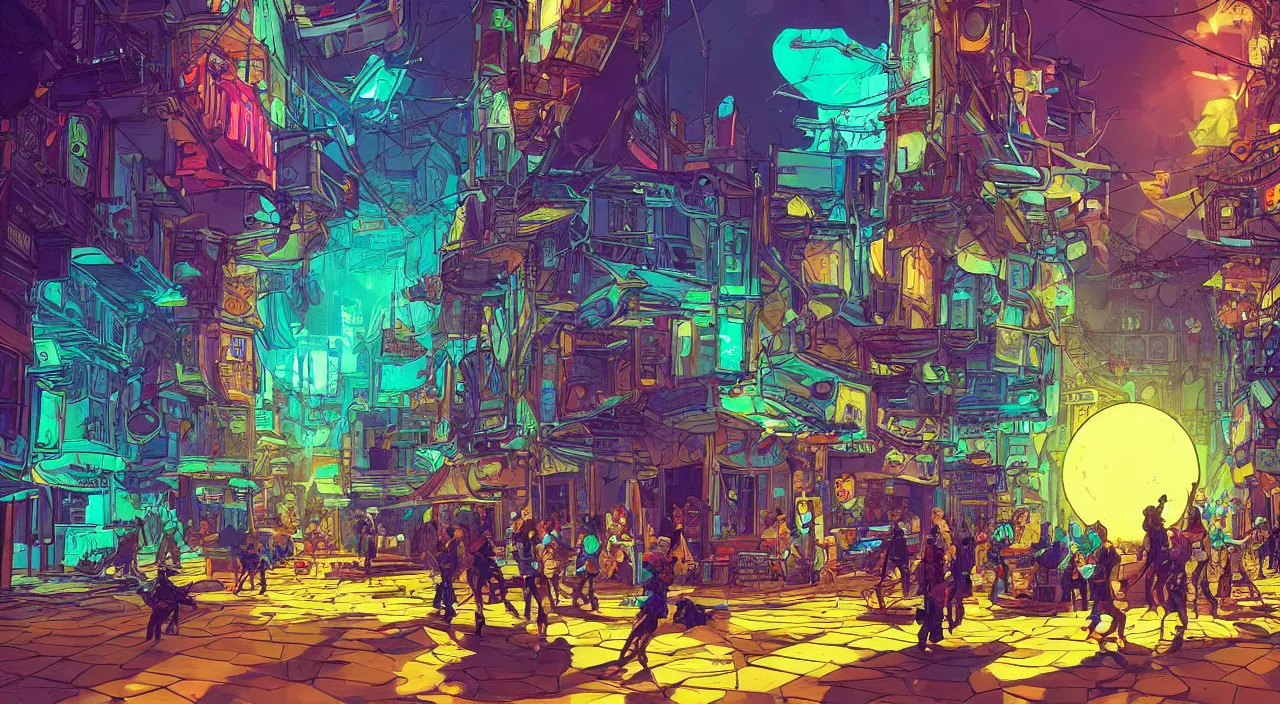 Image similar to bazaar zouk oriantal full color sky shine place mosquet painting stylized digital illustration video game icon global illumination ray tracing that looks like it is from borderlands and by feng zhu and loish and laurie greasley, victo ngai, andreas rocha, john harris