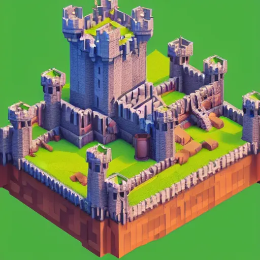 Image similar to isometric castle with moat and drawbridge under siege, isometric voxel art, magicavoxel, cgsociety, artstation