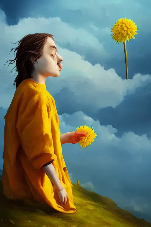 Image similar to closeup girl with giant yellow dahlia flower face, standing on mountain, surreal photography, blue storm clouds, dramatic light, impressionist painting, digital painting, artstation, simon stalenhag