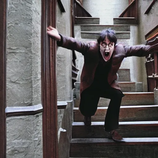 Prompt: harry potter yelling at a wooden staircase